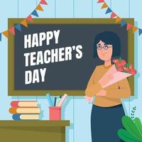 Teacher Holding Flower in the Class vector