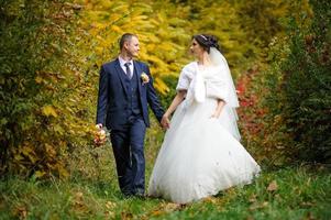 la novia y el novio en el fondo del parque de otoño. foto