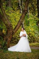 Portrait of a lonely bride on a background of an autumn park. The girl took refuge under a veil with which the wind develops. photo