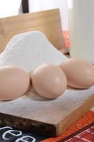 Chicken eggs with slices of bread on the table with milk photo