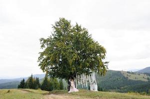 The bride and groom are hugging under an old oak tree. Wedding photo shoot in the mountains.