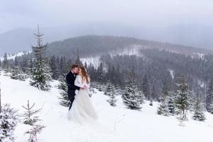 The groom leads his bride by the hand to a lonely old beech. Winter wedding. Place for a logo. photo
