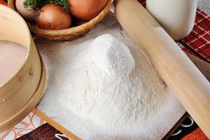 Chicken eggs with slices of bread on the table with milk photo