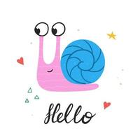 Cute funny snail and lettering Hello. Hand drawn cartoon character. Vector illustration.