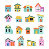 Collection of hand drawn multicolour home and houses. Doodle sketch. Symbols cute buildings. Vector isolated illustration.