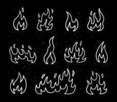 Hand drawn doodle fire flames on black background. Vector linear illustration.