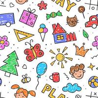 Seamless pattern Children drawings. Hand drawn cute kids doodles. Vector illustration. Design for childish textile.