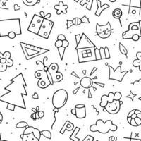 Seamless pattern in childish doodle style. Hand drawn cute sketching. Design for childish textile. Vector illustration on white background.