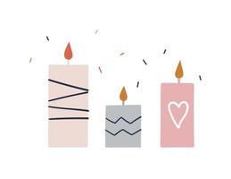 Cute candles isolated on white background. Cozy hygge home decoration. Flat hand drawn vector illustration.