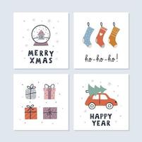 Christmas and Happy New Year Greeting Cards Set. Christmas socks, gifts, snow globe. Cute simple design. Vector illustration.