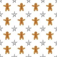 Seamless pattern with gingerbread man and stars  on a white background. Vector illustration.