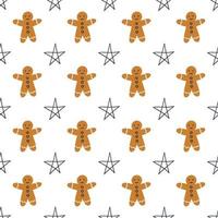 Seamless pattern with gingerbread man and stars  on a white background. Vector illustration.