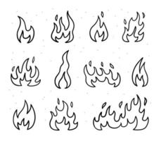 Fire icons in doodle style. Hand drawn flames. Vector linear illustration.
