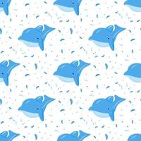 Seamless pattern with dolphins, drop of water. Blue color. For fabric textile, wrapping, print for baby clothes, t shirt, wallpaper, digital paper. Vector background. Funny kids backdrop