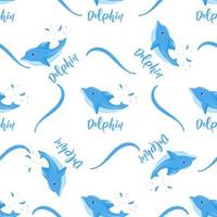 Seamless pattern with blue funny dolphin. With hand lettering. Vector background. Baby fabric textile. Summer backdrop. For wrapping, package product, t shirt clothes print. Animal digital paper