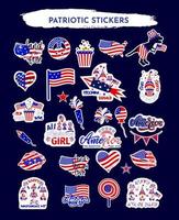 Set of patriotic stickers with quotes Land of the free, stars and stripes forever, red, white and blue. Funny gnomes. Lips, flag, heart, lolipop, peace sign, popcorn box. Vector illustration.