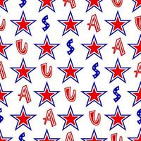 Patriotuc seamless pattern with stars red, blue, white colors of American flags and letters USA. 4th of july concept. Vector background. Wrapping paper, wallpaper, fabric textile, digital paper.