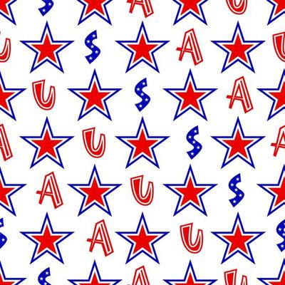 Patriotuc seamless pattern with stars red, blue, white colors of American flags and letters USA. 4th of july concept. Vector background. Wrapping paper, wallpaper, fabric textile, digital paper.
