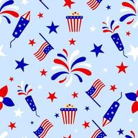 Seamless pattern with blue white stars on red striped background. Patriotic backdrop. Vector illustration. As template for wrapping paper, wallpaper, fabric clothes textile. 4th of july concept.