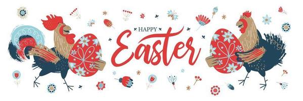 happy Easter. Colorful Easter banner with spring flowers and a cheerful rooster and a chicken with Easter eggs. vector