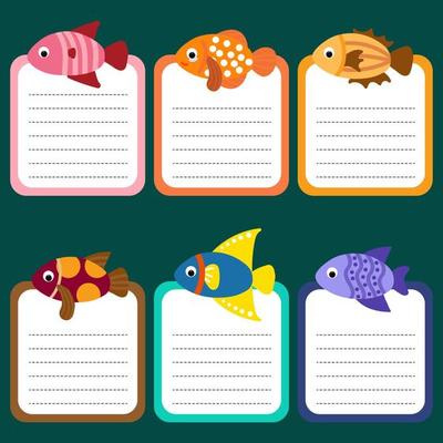 Set of cute vector fish templates, stickers, labels. Notes sheets