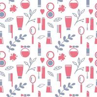 Seamless texture from cosmetics icons and floral elements, pattern, abstract background, wallpaper vector