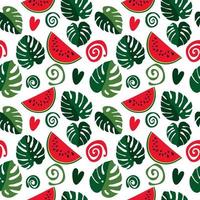 Seamless texture of green monstera leaves and watermelon slices, foliage pattern, natural abstract background vector
