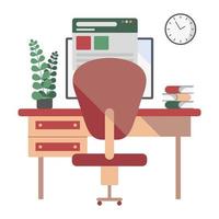 Vector illustration, workplace, work desk with computer