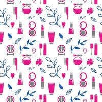 Seamless texture from cosmetics icons and floral elements, pattern, abstract background, wallpaper vector