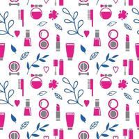 Seamless texture from cosmetics icons and floral elements, pattern, abstract background, wallpaper vector