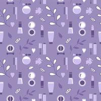 Seamless texture from cosmetics icons and floral elements, pattern, abstract background, wallpaper vector