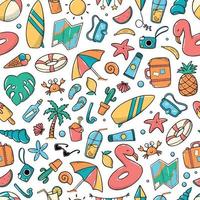 summer seamless pattern with doodles on white background. Good for kids apparel, textile prints, wallpaper, wrapping paper, scrapbooking, stationary, etc. EPS 10 vector