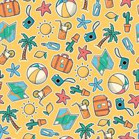 summer seamless pattern with hand drawn doodles on yellow background. Good for posters, wrapping paper, textile prints, kids apparel, scrapbooking, stationary, backgrounds, etc. EPS 10 vector