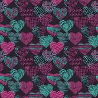 Vector geometric seamless pattern of hearts. Simple texture of hand drawn curves, lines, spirals. Contemporary trend illustration. Doodle abstract background, wallpaper. Original concept design