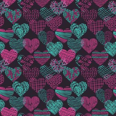 Vector geometric seamless pattern of hearts. Simple texture of hand drawn curves, lines, spirals. Contemporary trend illustration. Doodle abstract background, wallpaper. Original concept design