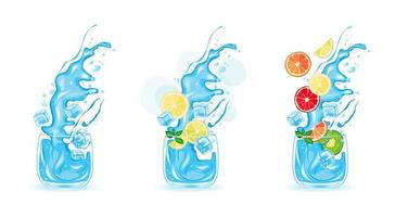 Glass of water, ice water, fruit cocktail, citrus. Vector illustration of drink, food