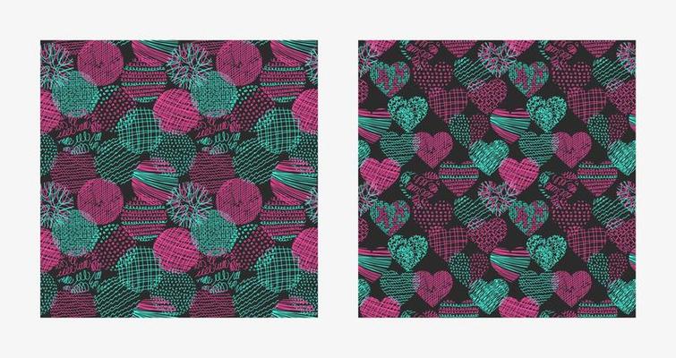 Vector seamless pattern of geometric shapes, hearts. Simple texture of hand drawn curves, lines, spirals. Contemporary trend illustration. Doodle abstract background, wallpaper