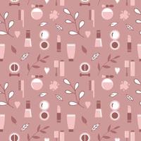 Seamless texture from cosmetics icons and floral elements, pattern, abstract background, wallpaper vector