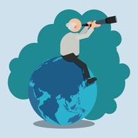 Old man hold telescope sitting on a globe vector illustration