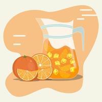 Jugo de naranja con cubo de hielo en la ilustración de vector de jarra
