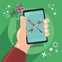 Hand hold Smartphone with wrench and screwdriver on screen. Smartphone repair and not Connected vector illustration