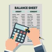 Hands, calculator, pen and balance sheet vector illustration