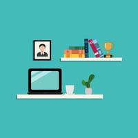 Laptop, books, cactus, trophy vector illustration. Home work concept