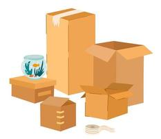 Boxes set. Cardboard boxes with various things and plant. Moving and relocation concept. Hand-drawn color vector isolated illustrations. Cartoon style, fashionable design