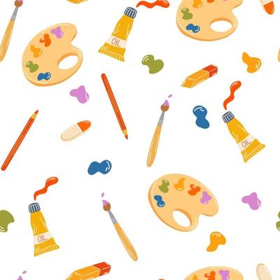 Art supplies seamless pattern. Palette with paints, tube of paint and brush. Subjects for drawing, creativity, hobbies and schools. Textile, studio decoration, workshop appearance. Vector illustration