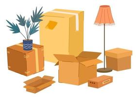 Boxes set. Cardboard boxes with various things and plant. Moving and relocation concept. Hand-drawn color vector isolated illustrations. Cartoon style, fashionable design