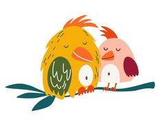 Parrots are a couple in love. Cute cartoon lovebird. Exotic birds. Great for children cards, prints and greeting card. Isolated vector clip art illustration.