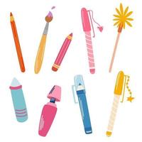 Pens and pencils set. Office supplies, pens, pencils, markers, brush. Back to school. Subjects for writing, study, office and drawing. Isolated vector clip art illustration.