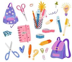 School supplies set. Back to school. Hand draw School equipment icons. Vector cartoon illustration in a flat style on a white background. All objects are isolated