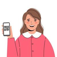 Young woman holds a mobile phone in her hand. QR code is displayed on it